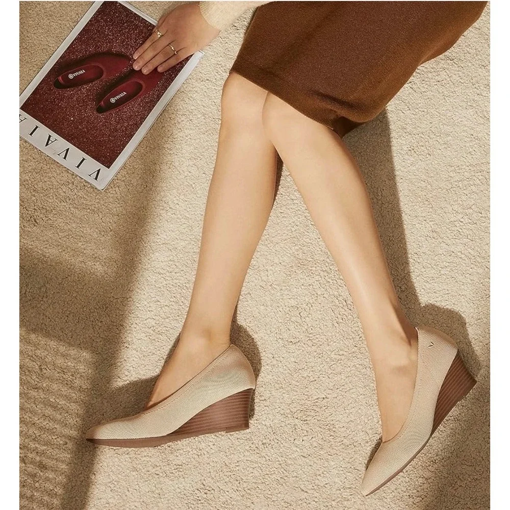 VIVAIA Womens Beige Knit Wedge Heel Pumps Comfortable Slip On‎ Shoes US/10
